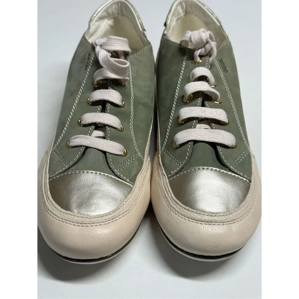 Rare Geox Leather Women’s Sneakers White Green Silver Size 10,5